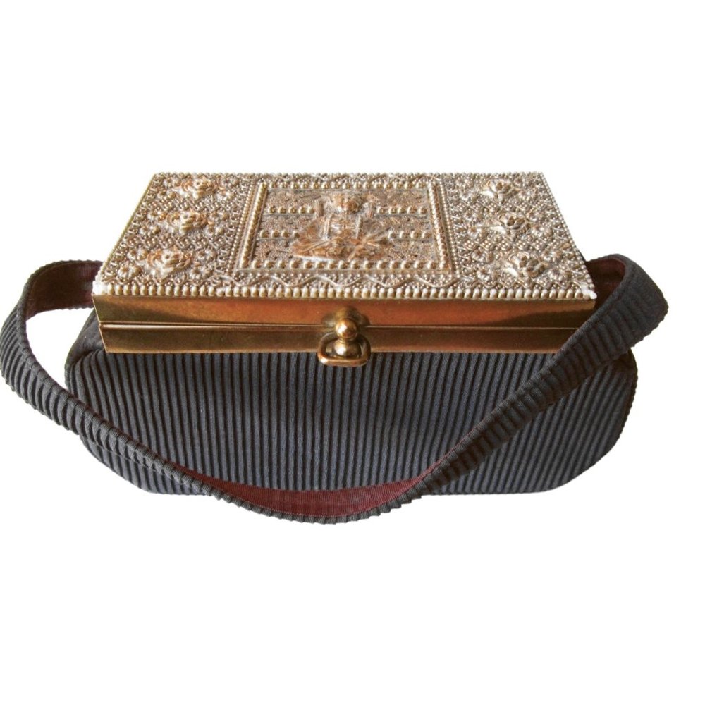 Vintage '50s Asian Design Lid Fabric Box Purse